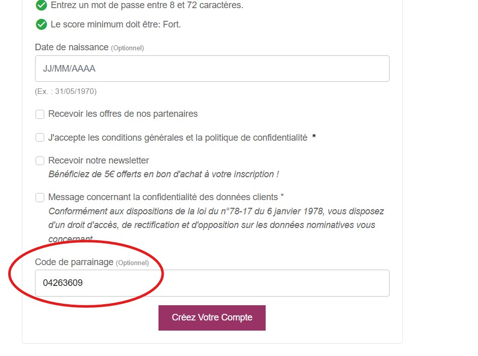 code parrainage creation de compte